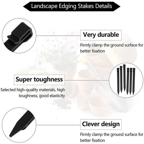 Close-up of Beefy Heavy Duty Plastic Landscape Stakes showing durability, toughness, and clever design features in a 30-pack.