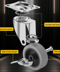 Exploded view of Heavy Duty 3 Inch Caster Wheels Set Of 4 with Brakes And Locking Plate showcasing bearings, bracket, and wheel components.