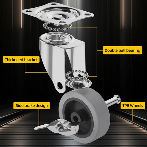Exploded view of Heavy Duty 3 Inch Caster Wheels Set Of 4 with Brakes And Locking Plate showcasing bearings, bracket, and wheel components.