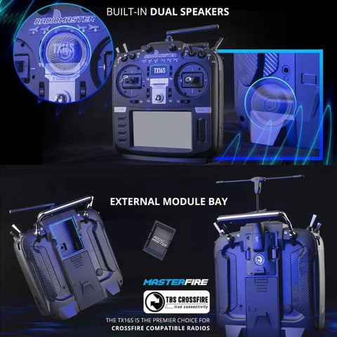 Pro Grade RC Transmitter TX16S MKII V4.0 With Hall Gimbals And ELRS 2.4G featuring dual speakers and external module bay
