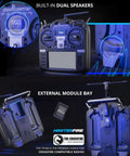 Front and back view of TX16S MKII V4 Transmitter with Hall Gimbals and ELRS 2.4G system showing dual speakers and module bay
