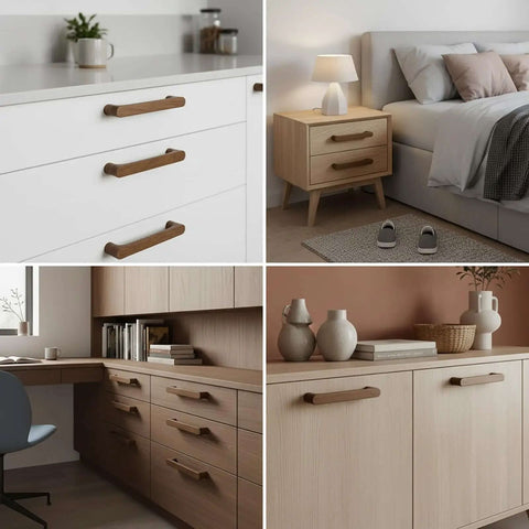 4 scenes of 5 Inch Wood Drawer Pulls For Cabinet Walnut Finish 4 Pack With Mounting Screws Easy Install Natural Wood Handles