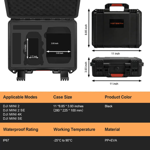 Waterproof Hard Drone Case With Custom Foam For DJI Mini 4K Mini 2 And Mini 2 SE Fly More Combo, size and dimensions shown