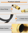 Close-up of heavy duty half inch HVAC vacuum hose with brass fittings, rubber hose, and gaskets for fast evacuation and recovery.