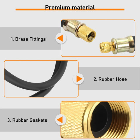 Close-up of heavy duty half inch HVAC vacuum hose with brass fittings, rubber hose, and gaskets for fast evacuation and recovery.
