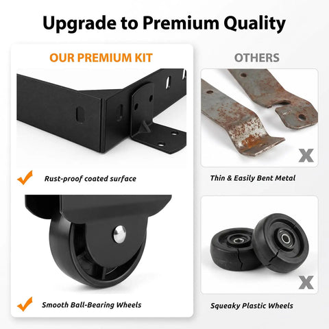 Heavy Duty Sliding Gate Kit With Anti Sag Fence Hardware Roll Wheels And Latch Universal Corner Braces For 1 To 2 Inch Wood Gates Smooth And Quiet Rolling Easy DIY Installation black rust-proof corner brace with ball-bearing wheel and comparison to thin bent metal parts