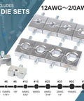 9 die sets for Heavy Duty Electric Hydraulic 8 Ton Battery Cable Crimping Tool, compatible with 12AWG to 2/0AWG lugs.