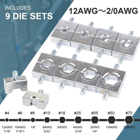 9 die sets for Heavy Duty Electric Hydraulic 8 Ton Battery Cable Crimping Tool, compatible with 12AWG to 2/0AWG lugs.