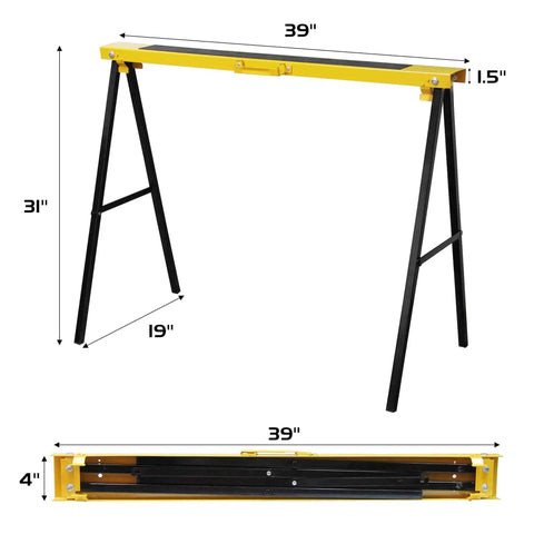 Rock Solid Portable Folding Sawhorse Heavy Duty Steel Work Stand Twin Pack With Anti Slip Eva Work Surface And Built In Carry Handle For Tradesmen And Diy Crafters Quick Fold Design shown with dimensions 39x31x1.5 inches.