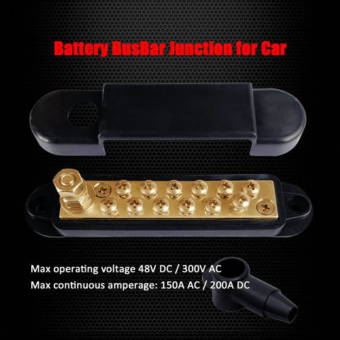 Heavy Duty 150 Amp Power Distribution Bus Bar With 1/4 Inch Stud And Solid Brass Core Built Tough For The Long Haul Including Secure Black Cover For Marine Car Solar Audio, featuring 12 terminals and protective cover.