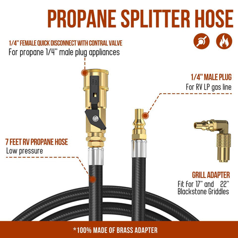 7 Foot RV Propane Hose With Quick Connect And 1 Quarter Inch Safety Shutoff Valve Plus 1 Quarter Inch Male Full Flow Plug Low Pressure Quick Disconnect Elbow Adapter For 17 And 22 Inch Blackstone Griddles Grill Ready Outdoor Setup, with grill adapter and brass fittings