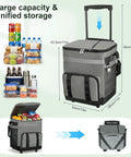 60 Can Rolling Cooler Bag With Wheels Leakproof Insulated Soft Cooler Ice Chest Portable Wheeled Cooler with measurements and features.