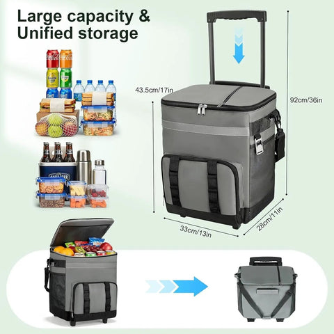 60 Can Rolling Cooler Bag With Wheels Leakproof Insulated Soft Cooler Ice Chest Portable Wheeled Cooler with measurements and features.