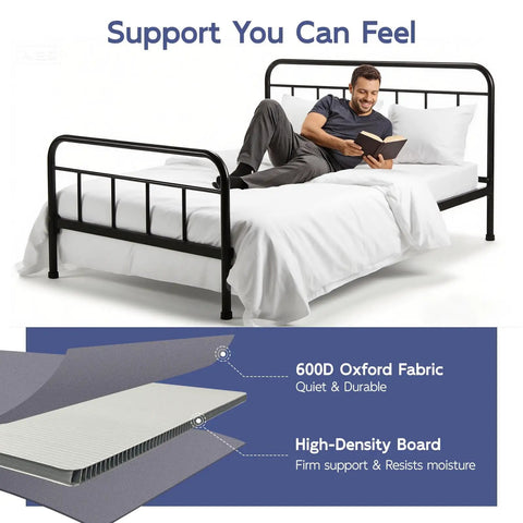 Queen Size Bunkie Board 60 X 80 Featuring Zipper Secured Panels For Zero Sag Mattress Support Tight Grip Bed Foundation Base And Foldable Platform Setup with a man reading on a metal bed frame.