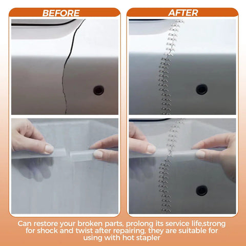 Before and after repair with Plastic Welding Staples Repair Kit With 3000 Hot Staples In 6 Types for DIY plastic fixes