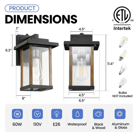Large 14 Inch Outdoor Wall Lantern With Wood Grain Finish And Clear Glass Anti Rust Exterior Sconce For Patio Garage Farmhouse Weatherproof Black Porch Light with product dimensions