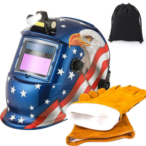 Auto Darkening Welding Helmet With LED Light True Color, Solar Powered Welder Hood, Pro Grade Shade 4/9-13, Blue Eagle Gloves