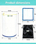 All Mesh 5 Gallon Plant Filter Bags Set with storage and dimension details for hydroponics and liquid filtration