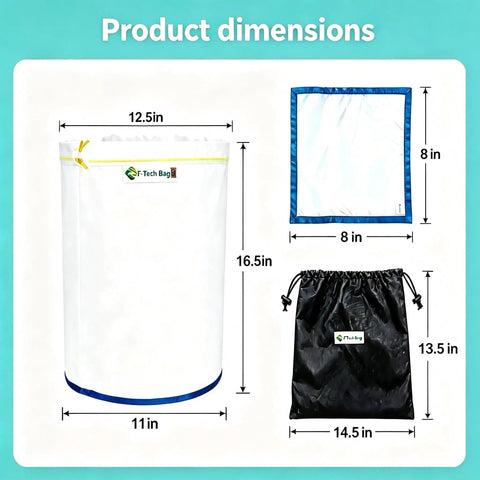 All Mesh 5 Gallon Plant Filter Bags Set with storage and dimension details for hydroponics and liquid filtration