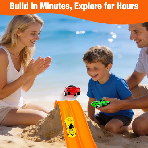 Family playing with Flexible Roll Up Race Track for Kids Outdoor Toys Portable DIY Race Car Track on the beach.