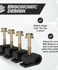 Four One Quarter Inch Coax Cable Clips With Screws Outdoor Exterior Cord Management For Coax Ethernet Cat5 6 Black shown vertically