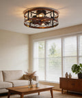 Bladeless Flush Mount Ceiling Fan With Lights 20 Inch Cage Style Remote Control Rustic Low Profile Enclosed for Living Room
