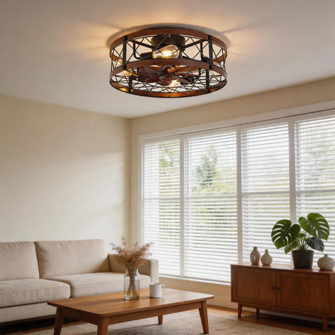 Bladeless Flush Mount Ceiling Fan With Lights 20 Inch Cage Style Remote Control Rustic Low Profile Enclosed for Living Room
