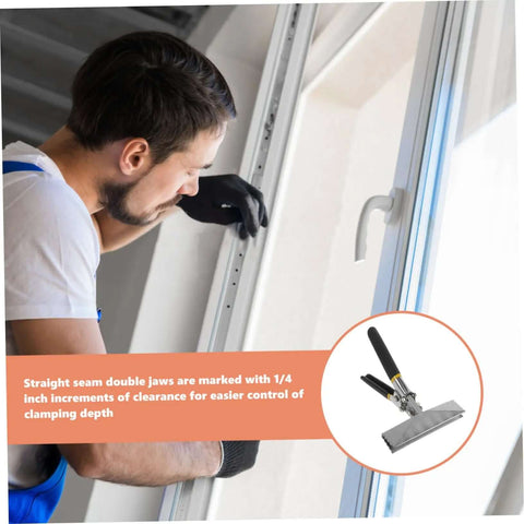 Man using Six Inch Hand Seamer Metal Bender Tool With Straight Jaw For Sheet Metal Bending And Flattening in window installation.