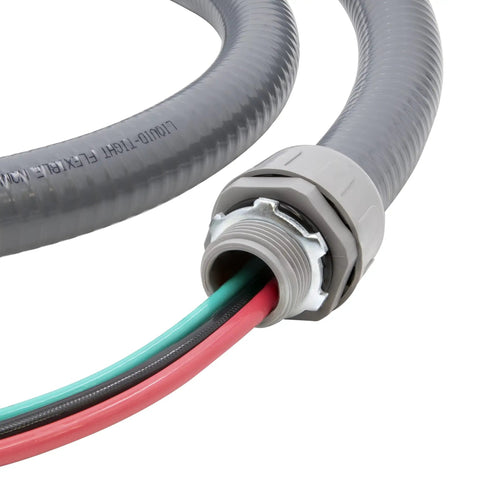 Close-up of Beefy 3/4 Inch Liquid Tight Non-Metallic PVC Conduit Cable Whip Kit showing straight connector and wires.