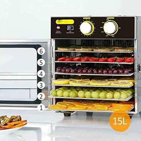 Six Layer Stainless Steel Food Dehydrator And Fruit Dryer Machine For Vegetables Meat Jerky with fruits and snacks displayed