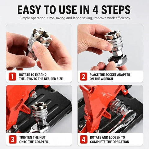 Four-step guide using Adjustable Universal Socket Wrench Tool 10mm to 19mm Range 3 8 Inch Drive Ratchet Adapter for Power Drill
