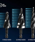 Step Drill Bit Set For Metal And More, 3 Piece Titanium Coated HSS Bits With 1/4 Inch Hex Shank, 34 Sizes From 1/8 To 7/8