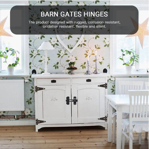 Interior shot featuring self-closing gate latch kit with tee hinge and 4-inch T-strap hinges on white cabinet doors, black finish.