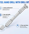 Top Shelf Pin Vise Hand Drill Set With A Dope Stainless Three Jaw Chuck And Ten Precision Drill Bits Ranging From Point Eight Mm To Three Mm showing sturdy body and non-slip handle.