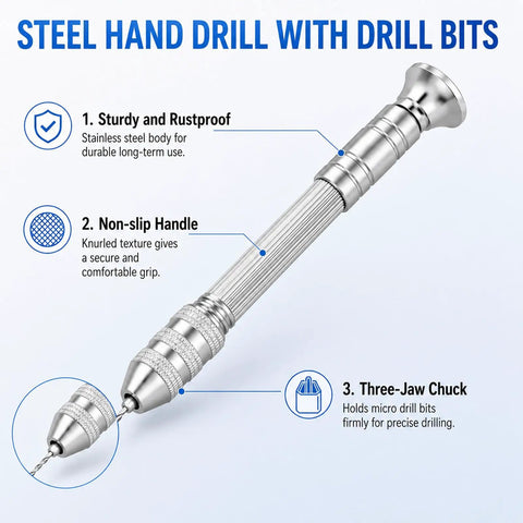 Top Shelf Pin Vise Hand Drill Set With A Dope Stainless Three Jaw Chuck And Ten Precision Drill Bits Ranging From Point Eight Mm To Three Mm showing sturdy body and non-slip handle.