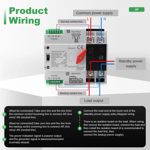 Wiring diagram of 100Amp 110V Automatic And Manual Transfer Switch for home use, showing connections and switch components.