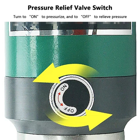Thinking Process: pressure relief valve switch on green hydraulic tool, ON/OFF knob close-up