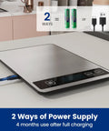 Home Chef Friendly Digital Kitchen Scale With 33 Lb Capacity, USB Rechargeable, Stainless Steel Build showing power supply options