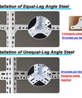 Kickass Heavy White Slotted Angle Iron For Diy Garage Shelving And Storage Rack Builds Craft Your Own Setup With A 98 Foot Roll Of Smooth Painted Steel Frames installation guide showing equal and unequal-leg angle steel with screws.