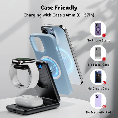3 In 1 Magnetic Wireless Charging Station For iPhone Apple Watch And AirPods MagSafe Compatible in use with no case