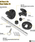 Exploded view of electric steer trolling motor stabilizer kit with aluminum rod, low-profile base, removable base