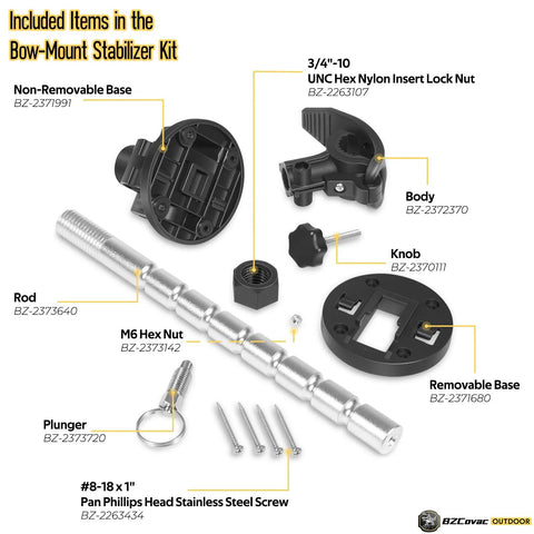 Exploded view of electric steer trolling motor stabilizer kit with aluminum rod, low-profile base, removable base