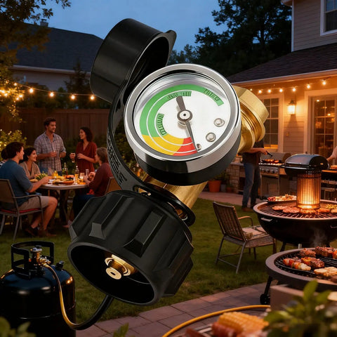Propane Tank Gauge Gas Pressure Meter with QCC1 Type 1 Connection shown at outdoor barbecue gathering