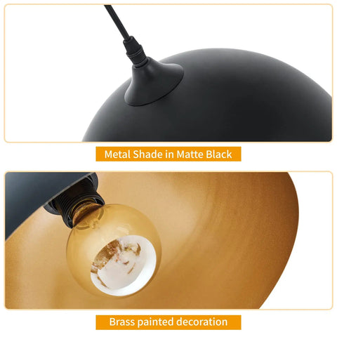 Close-up of Industrial Pendant Lights 11.8 Inch Black Dome Fixtures with Matte Black exterior and Antique Gold interior