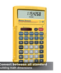 Material Estimator Calculator For DIYers And Pros That Converts Feet Inches Fractions Yards And Meters And Delivers Instant Building Material Cost Estimates For Contractors Tradesmen Handymen And Construction Professionals, yellow calculator