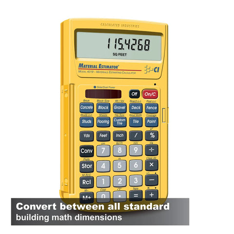 Material Estimator Calculator For DIYers And Pros That Converts Feet Inches Fractions Yards And Meters And Delivers Instant Building Material Cost Estimates For Contractors Tradesmen Handymen And Construction Professionals, yellow calculator