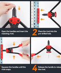 Three In One Rivet Nut Tool Kit With Hand Rivet Gun And Reamer Includes 6 Metric And 4 SAE Mandrels 5 Rivet Heads 111 Rivet Nuts And 83 Rivets Carrying Case Your Everyday Go To Riveter For Car Home And DIY Projects in use, demonstrating four steps of operation with red and black tool.