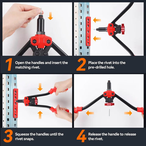 Three In One Rivet Nut Tool Kit With Hand Rivet Gun And Reamer Includes 6 Metric And 4 SAE Mandrels 5 Rivet Heads 111 Rivet Nuts And 83 Rivets Carrying Case Your Everyday Go To Riveter For Car Home And DIY Projects in use, demonstrating four steps of operation with red and black tool.