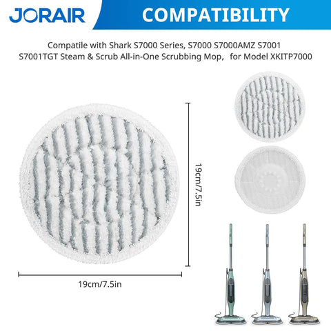 Replacement Steam Mop Pads For Shark S7000AMZ S7001 S7001TGT S7000 Series, textured microfiber, size 19cm, compatibility shown.