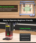 Falcon 10W Laser Engraver With Air Assist and Rotary Roller showing offline dynamic preview and easy three-step focusing system.